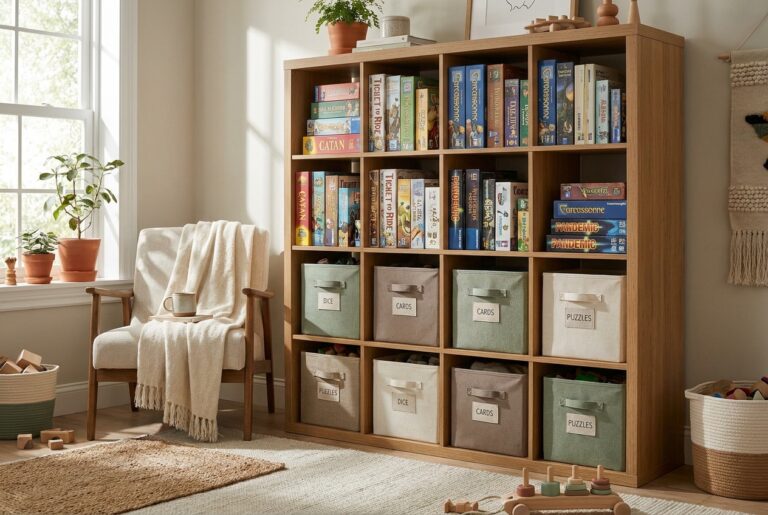 Cube shelf with board games stored upright and labeled fabric bins below