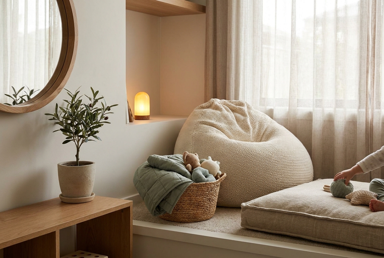 Cozy calm-down corner with a floor cushion, bean bag, soft blanket basket and warm nightlight
