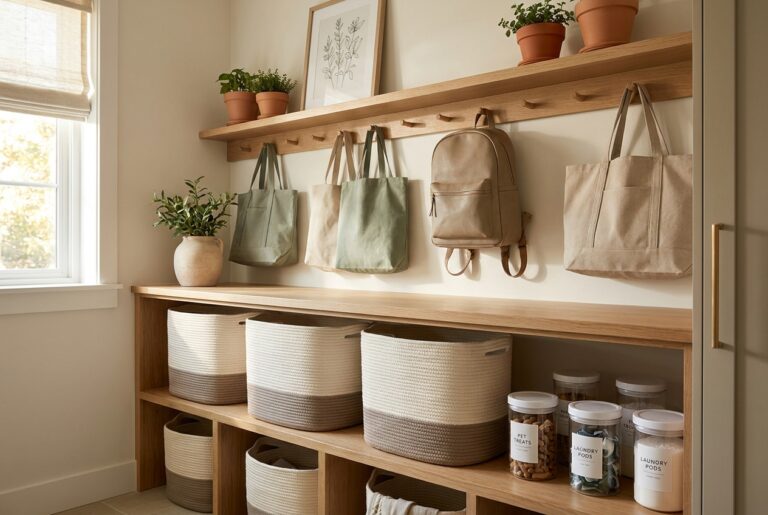 Entryway shelf organized with matching woven baskets, labeled glass jars and bags on wall pegs