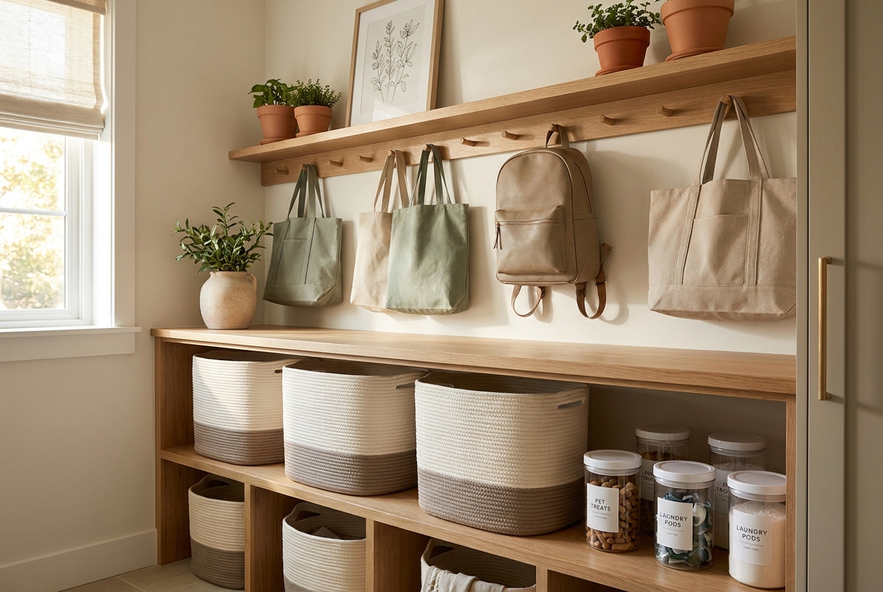 Entryway shelf organized with matching woven baskets, labeled glass jars and bags on wall pegs
