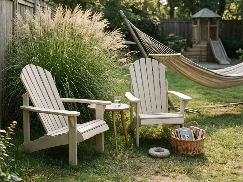Two cream Adirondack chairs with side table and book basket beside tall ornamental grasses
