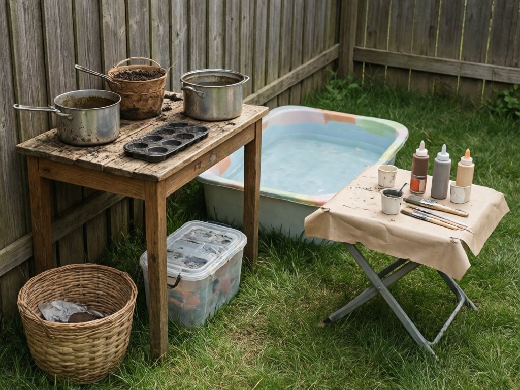 Thrifted end-table mud kitchen, water table and outdoor art table on grass against a fence