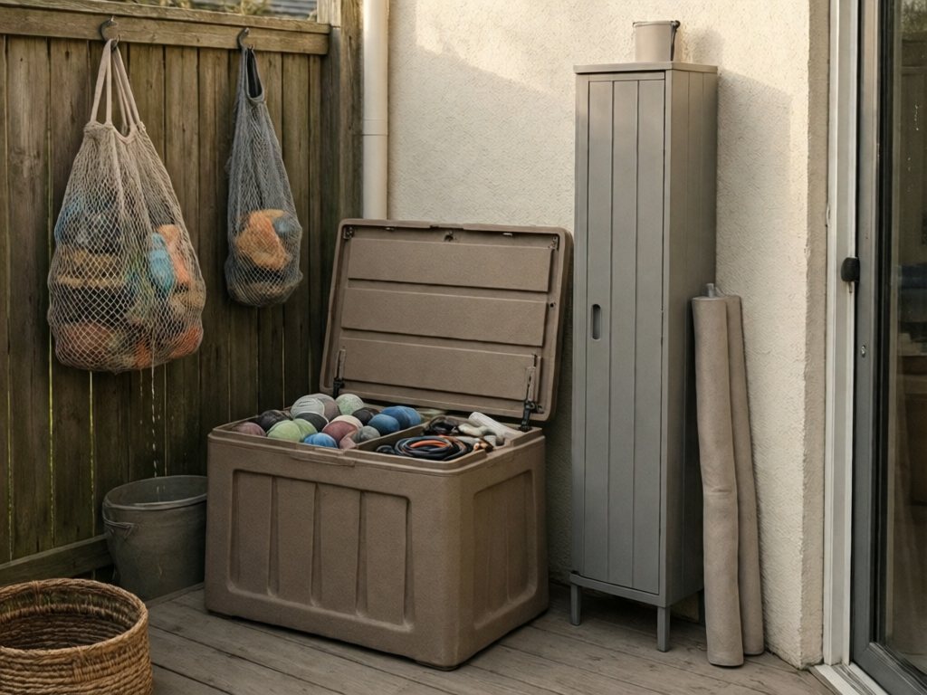 Deck box, hanging mesh drying bag and slim storage cabinet organizing outdoor toys by the back door