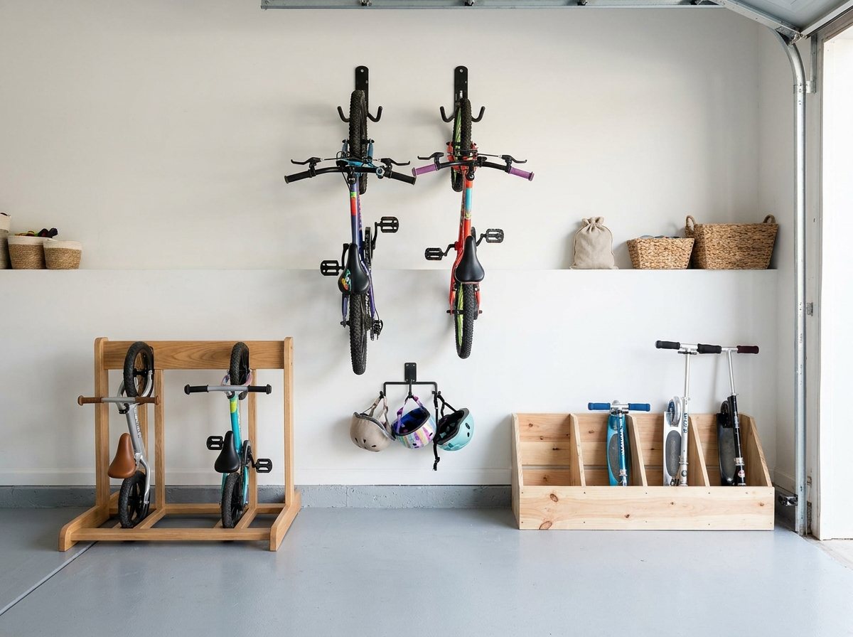 Garage wall with bikes on wall hooks, a floor bike rack, and scooters in a slot bin