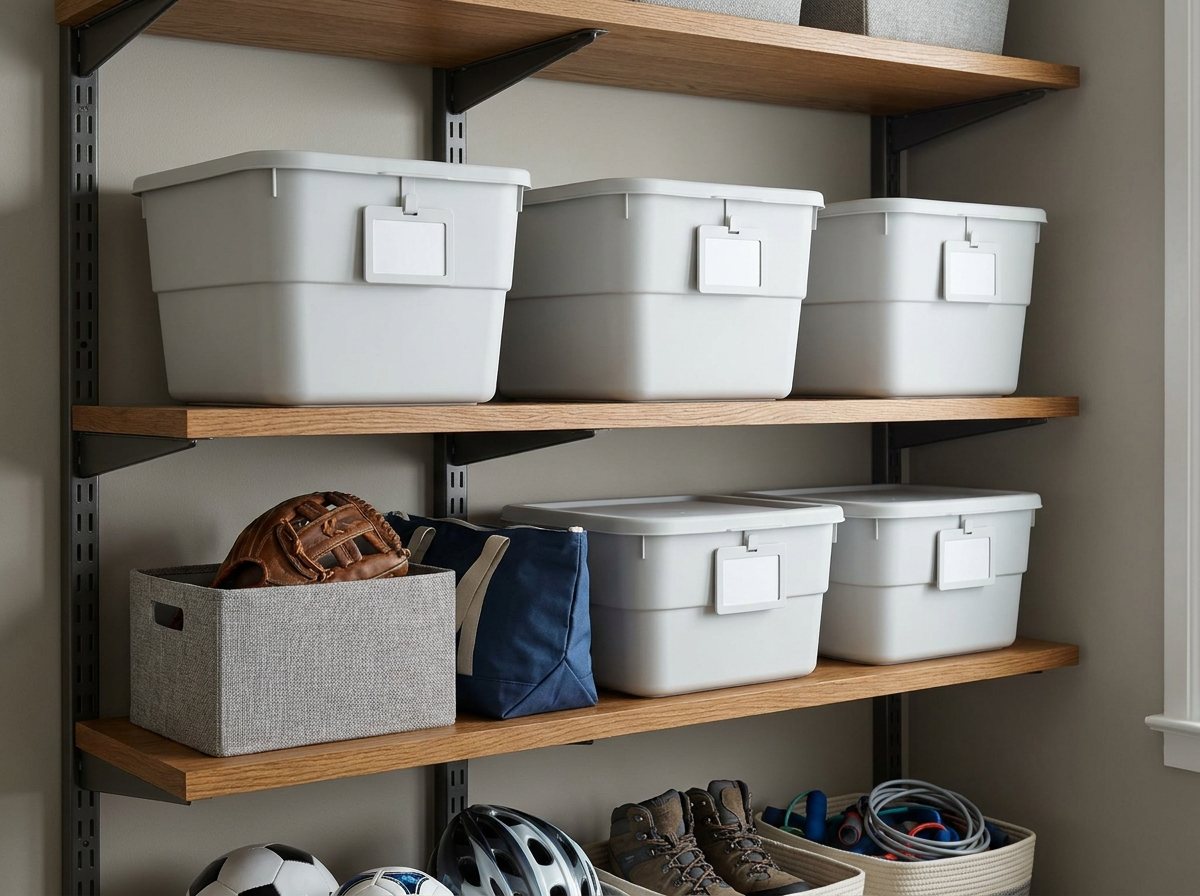 Garage shelving with matching lidded bins for off-season sports gear on the upper shelves