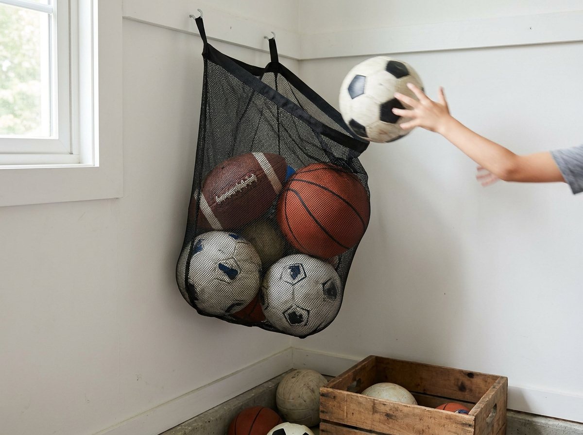 Wall-mounted mesh net in a garage holding soccer balls, a basketball, and a football