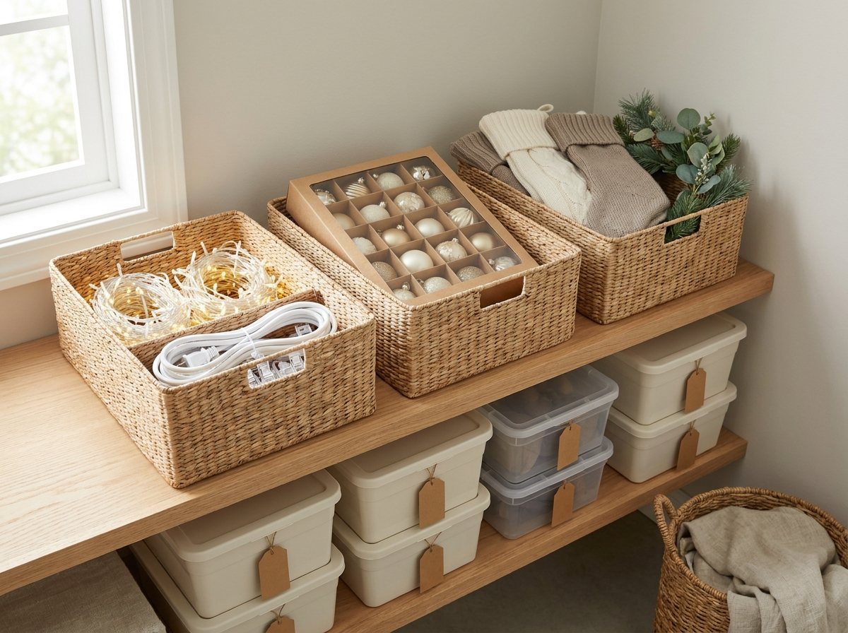 Open holiday storage bins on a garage shelf sorted into lights, ornaments and stockings