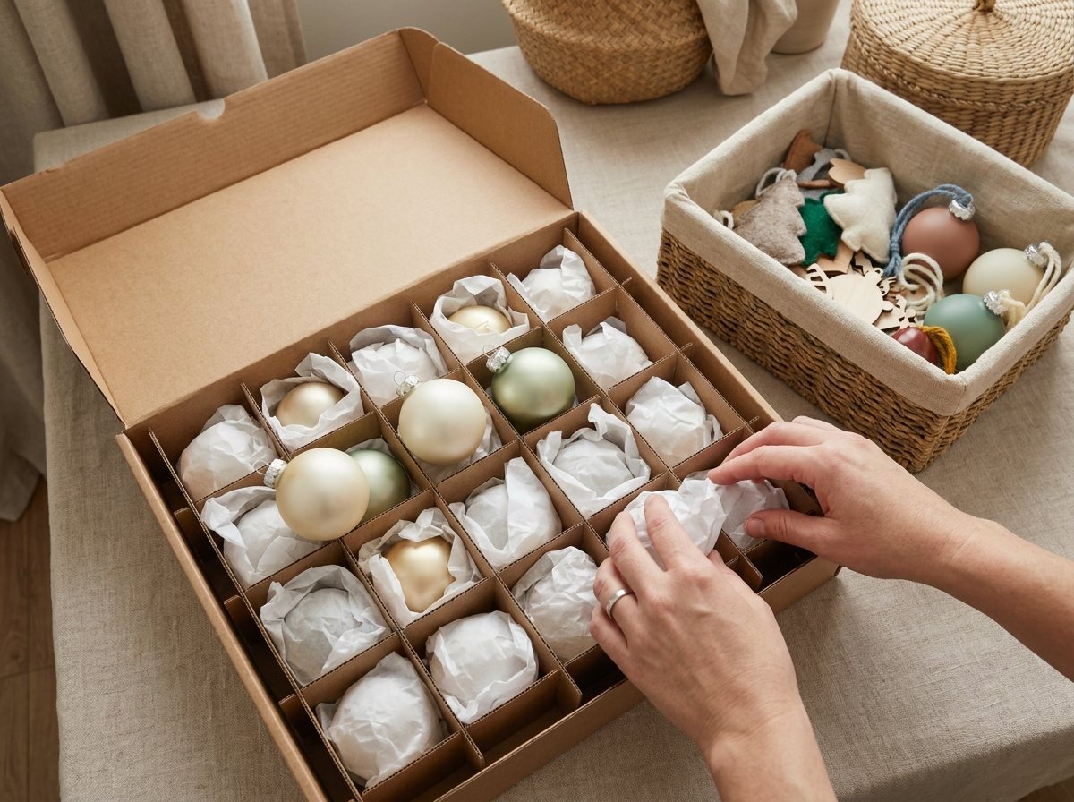 Divided ornament box with tissue-wrapped glass ornaments beside a bin of durable kid-made ornaments