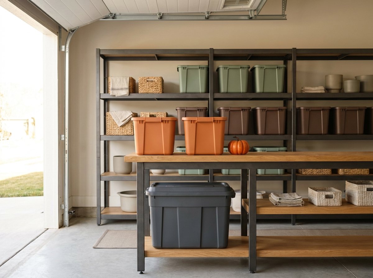 Tiered garage shelves with fall bins in front, Thanksgiving bins in the middle and Christmas bins at the back