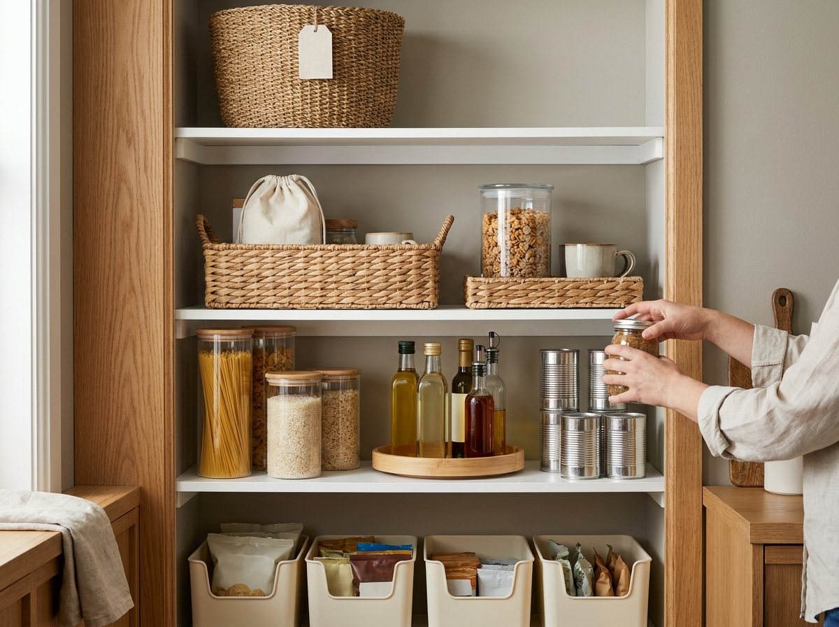 Open reach-in pantry with organized shelves of clear canisters, woven baskets, lazy Susan and low snack bins