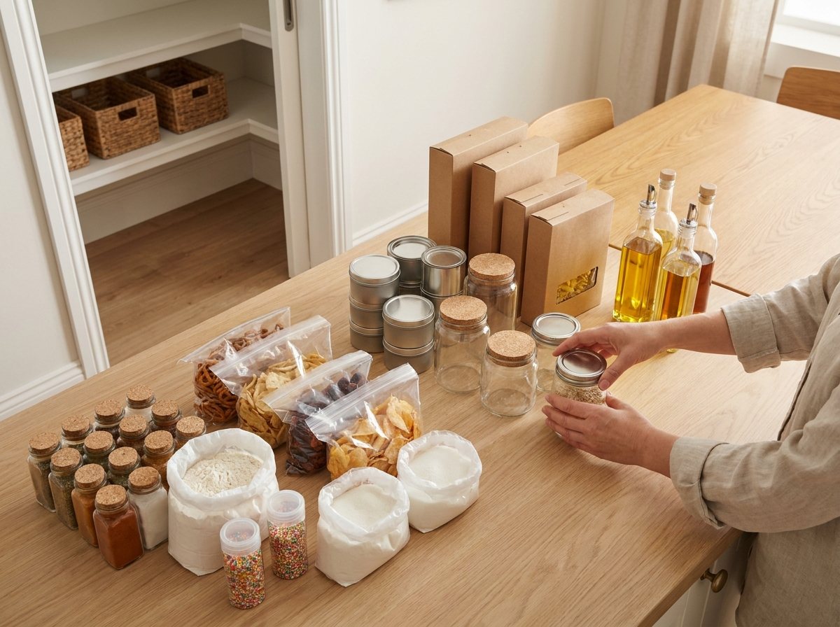 Kitchen counter covered with pantry items sorted into groups during a full pantry clean-out