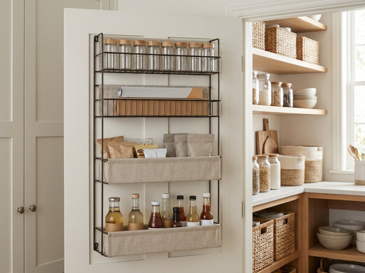 Door-mounted organizer on the back of a pantry door holding spices, wraps and snack packets