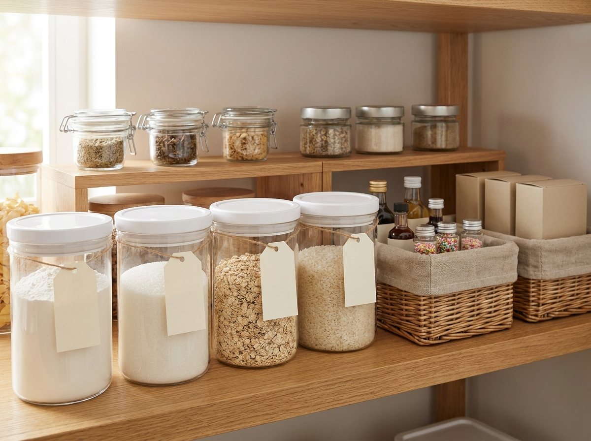 Pantry shelf with matching clear canisters, woven baskets and a shelf riser holding baking supplies