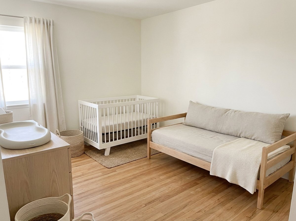 Neutral 10x10 guest room nursery with white crib, wood twin daybed and dresser changing station
