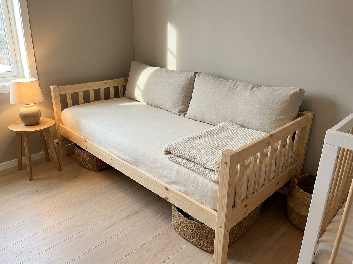 Plain wood twin daybed with linen bolsters and folded blanket in a neutral room