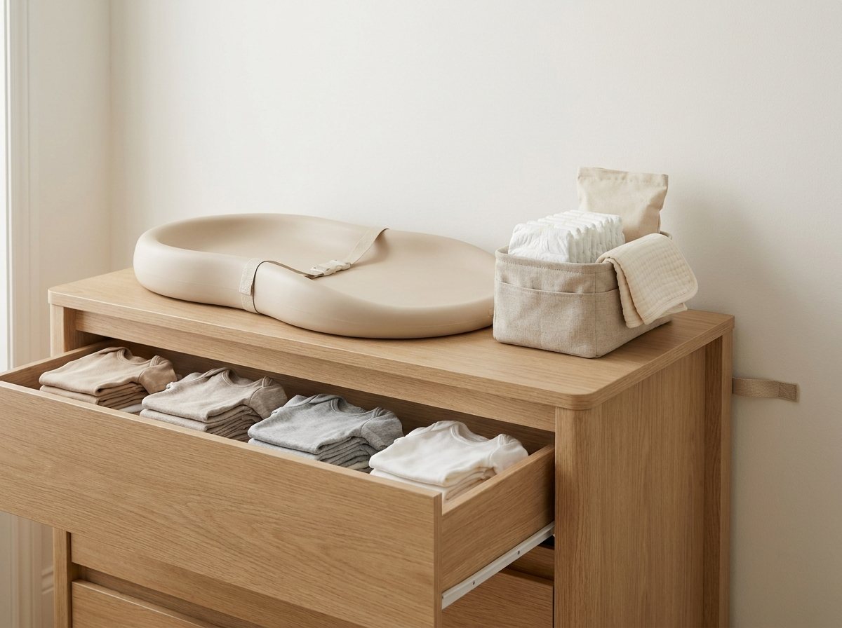 Light wood dresser topped with a changing pad and a fabric caddy of diapers and wipes