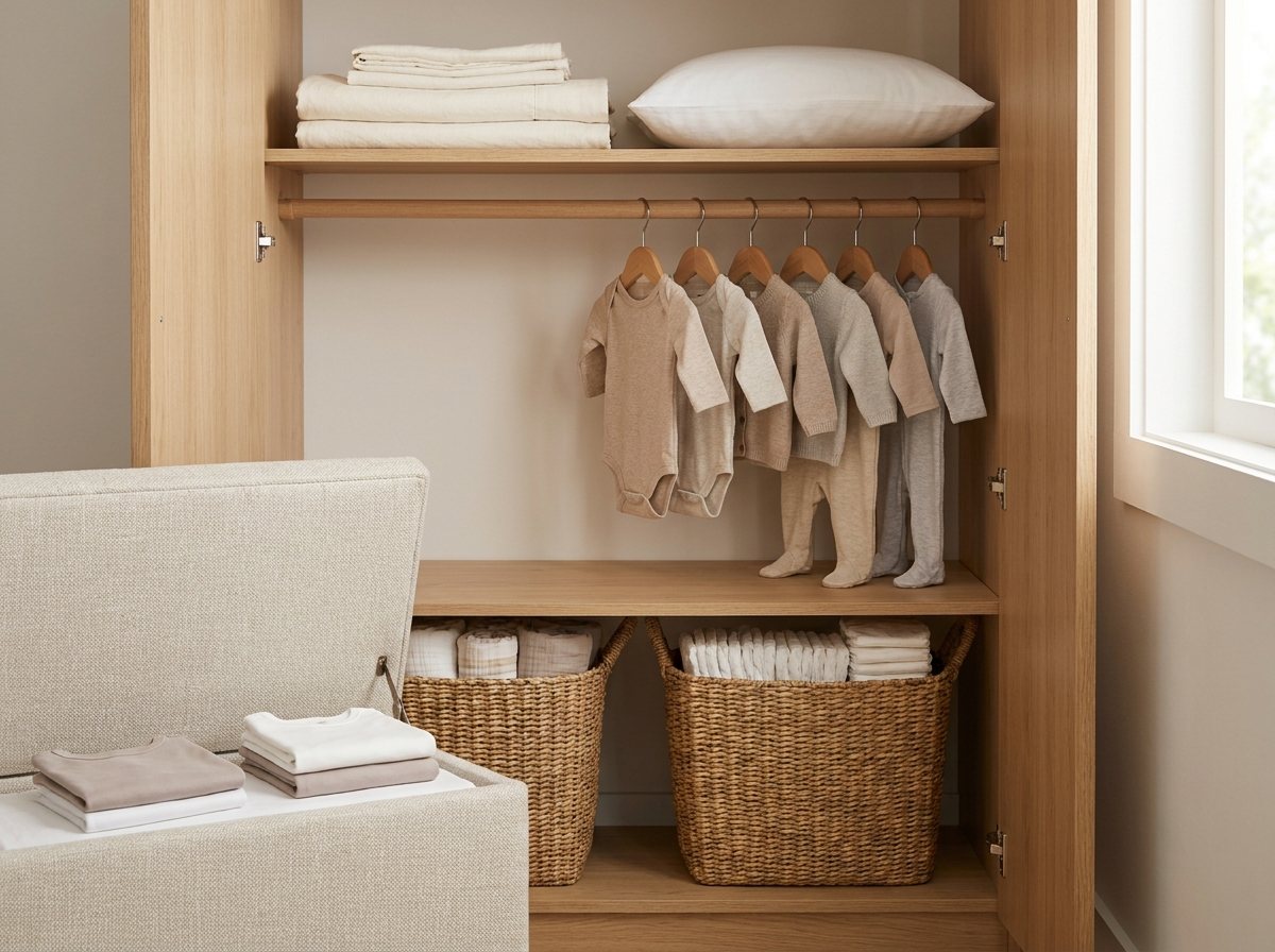 Closet with guest linens on upper shelf, baby clothes below, and a storage bench nearby