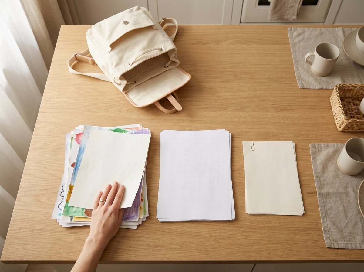 Three sorted stacks of school papers on a light wood table beside an empty cream backpack