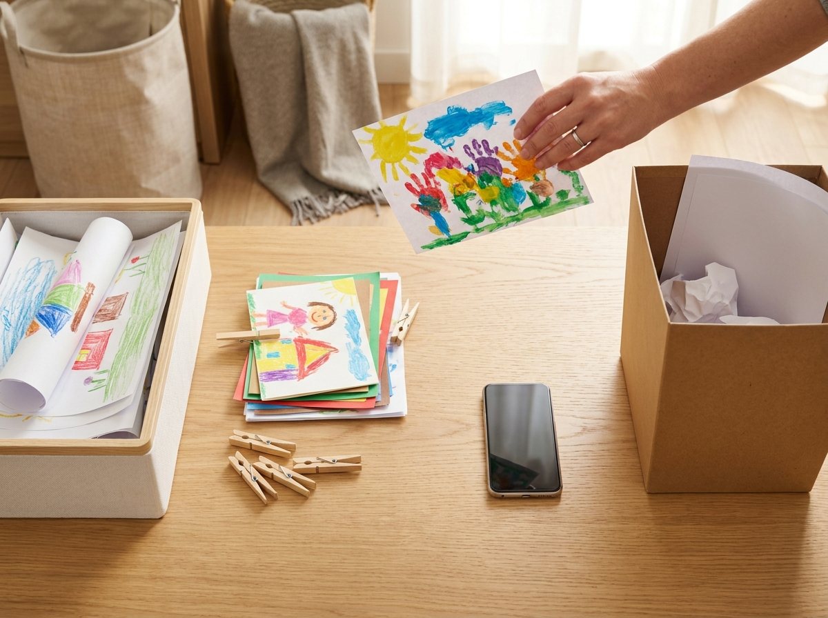 Four sorting zones on a table: archive bin, display stack, phone for photos, and recycling bin