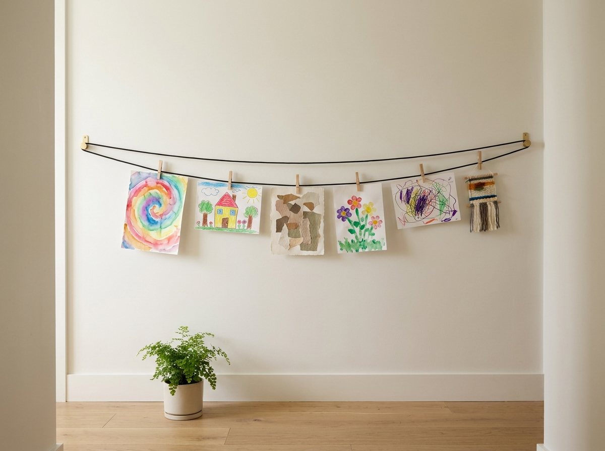 Child artwork clipped with wooden clothespins along a taut cable at adult eye level on a white hallway wall