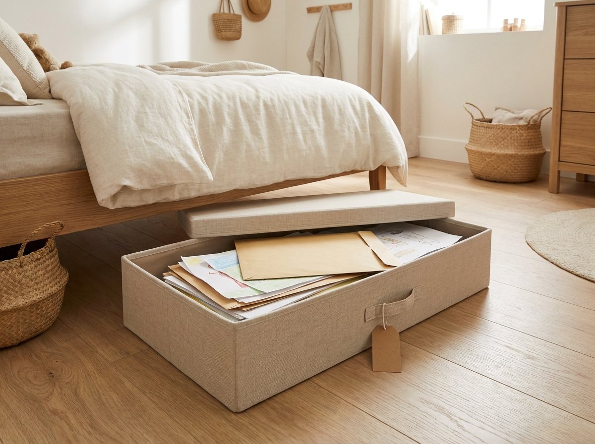 Flat under-bed storage box pulled out, holding neatly stacked children's artwork and a large envelope