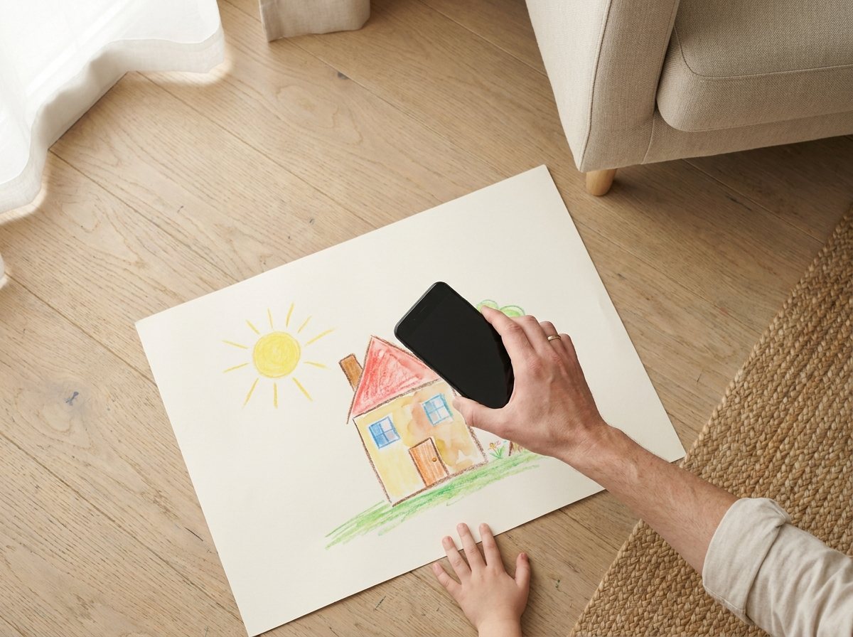 Adult hand holding a phone over a child's drawing on a light wood floor to photograph it