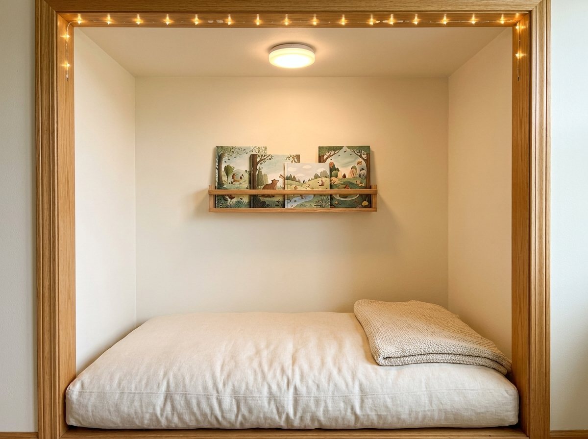Closet converted into a reading nook with cushion, string lights and a small book shelf