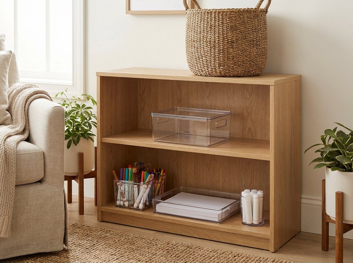 Low oak bookshelf with open clear craft bins on bottom shelves, a lidded bin above and a woven basket on top