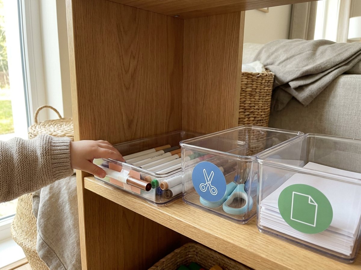 Low shelf with open clear bins, color-coded picture labels, and a child's hand reaching for markers