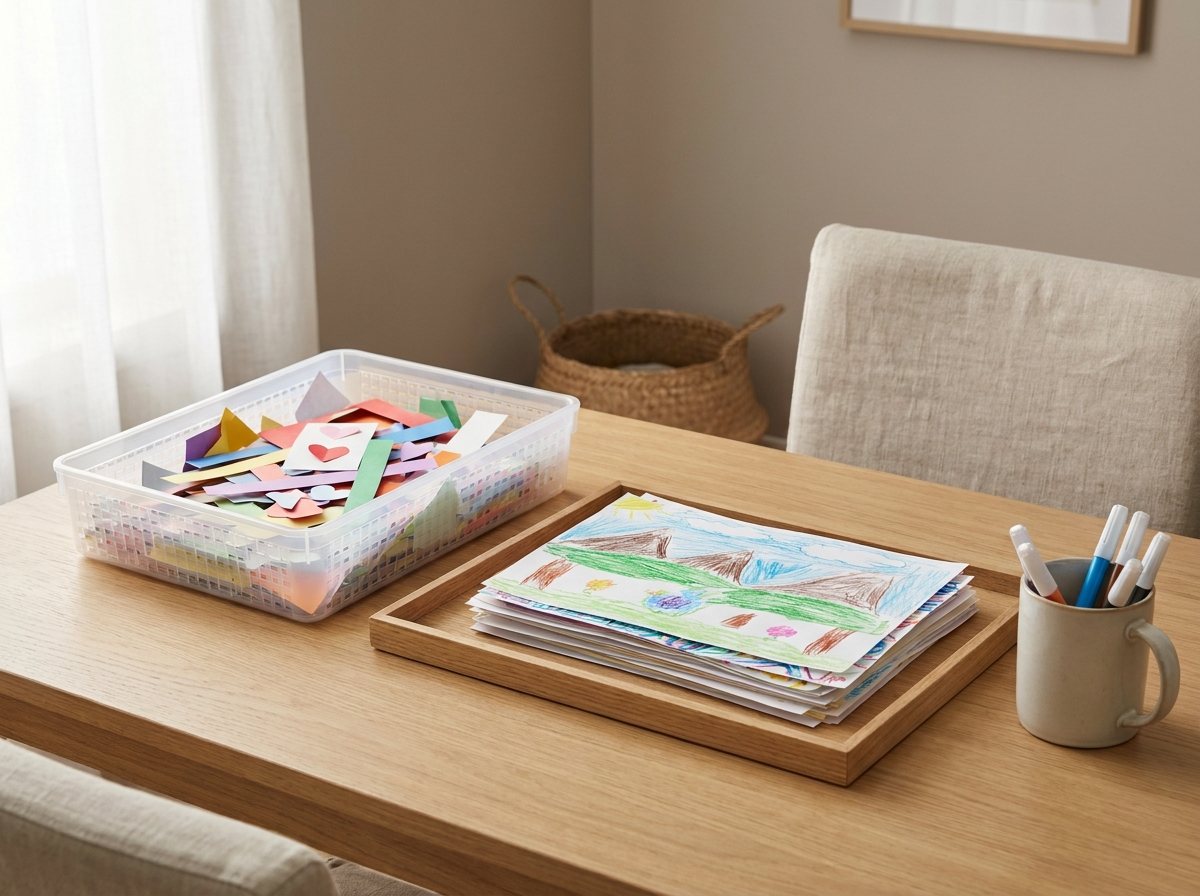 Open scrap bin of colorful paper pieces beside a tray of finished drawings on a craft table