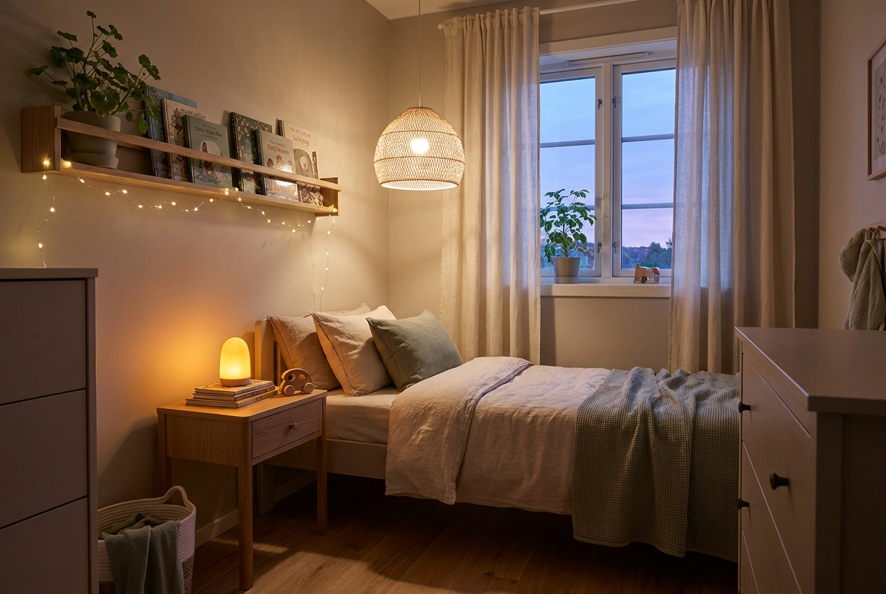 Kids bedroom at dusk with layered lighting: pendant lamp, bedside nightlight and fairy lights