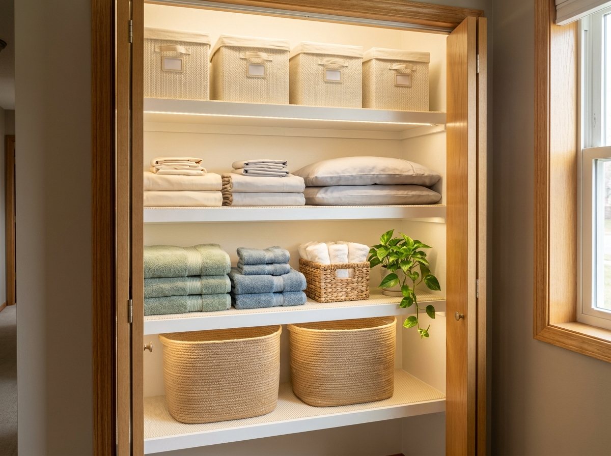 Open hallway linen closet with neatly organized shelves of towels, bundled sheets and cream fabric bins