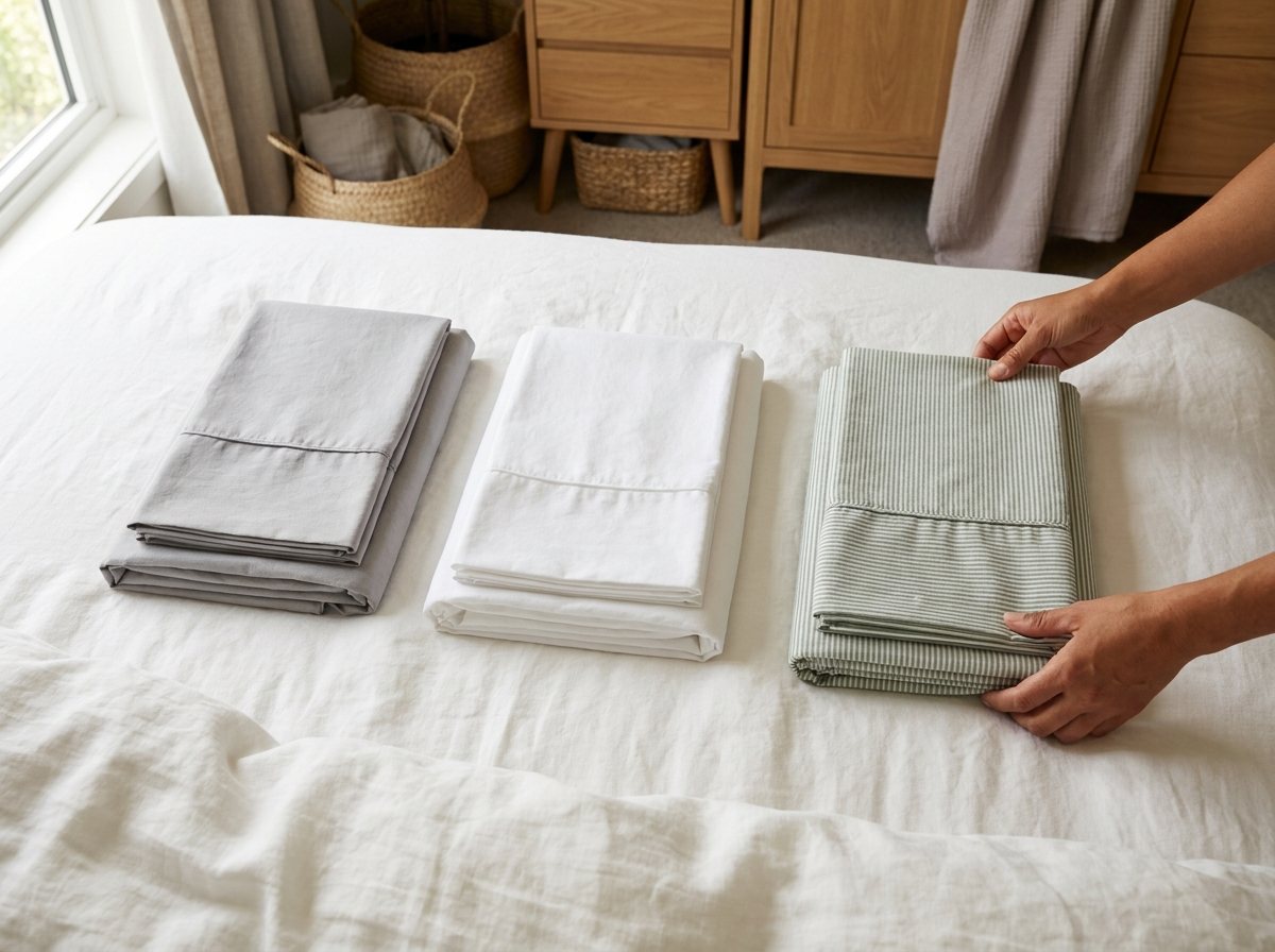 Three sheet sets neatly bundled inside matching pillowcases on a white bed