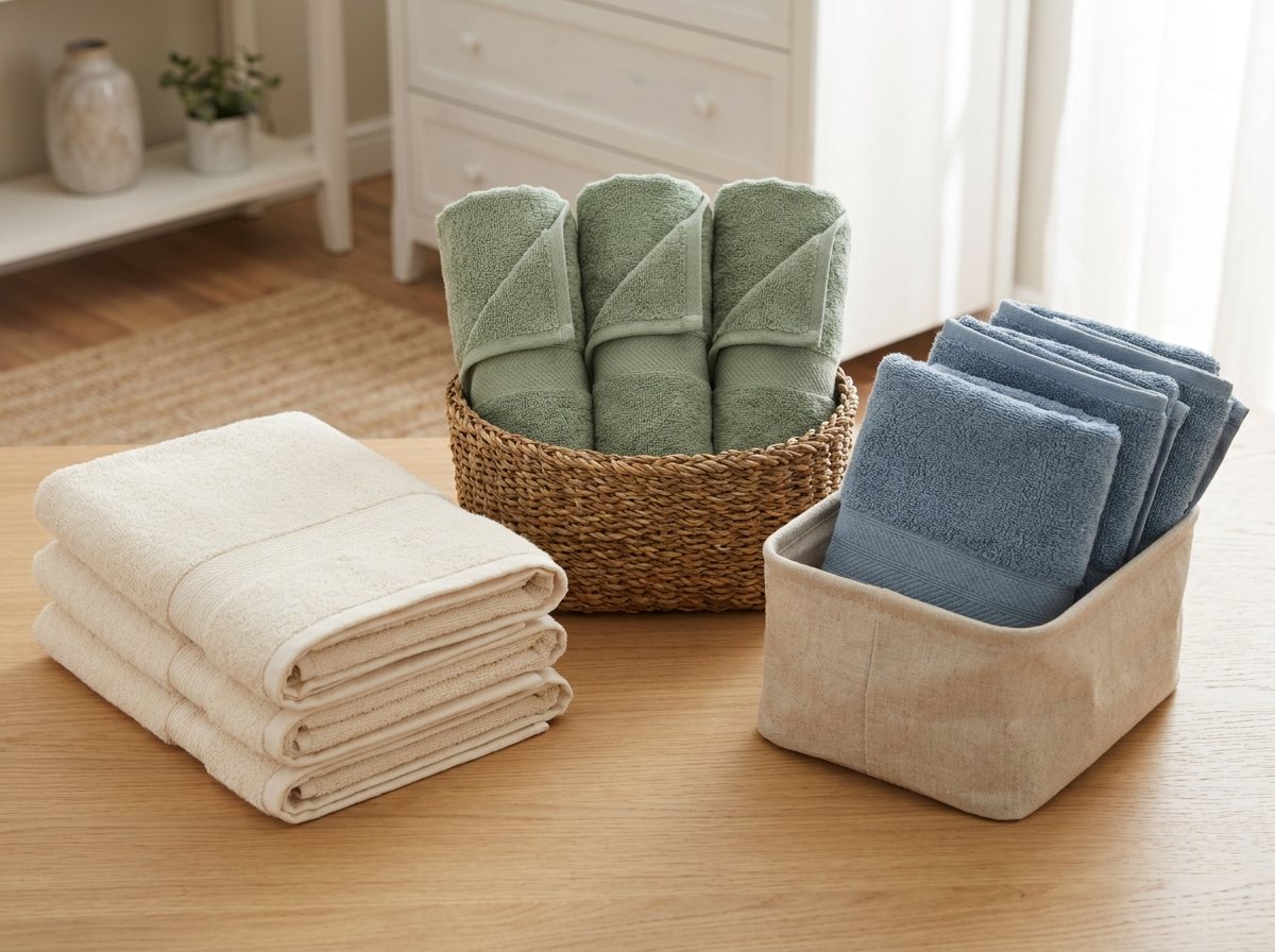 Bath towels shown in tri-fold stack, spa rolls in a basket, and upright file folds in a bin