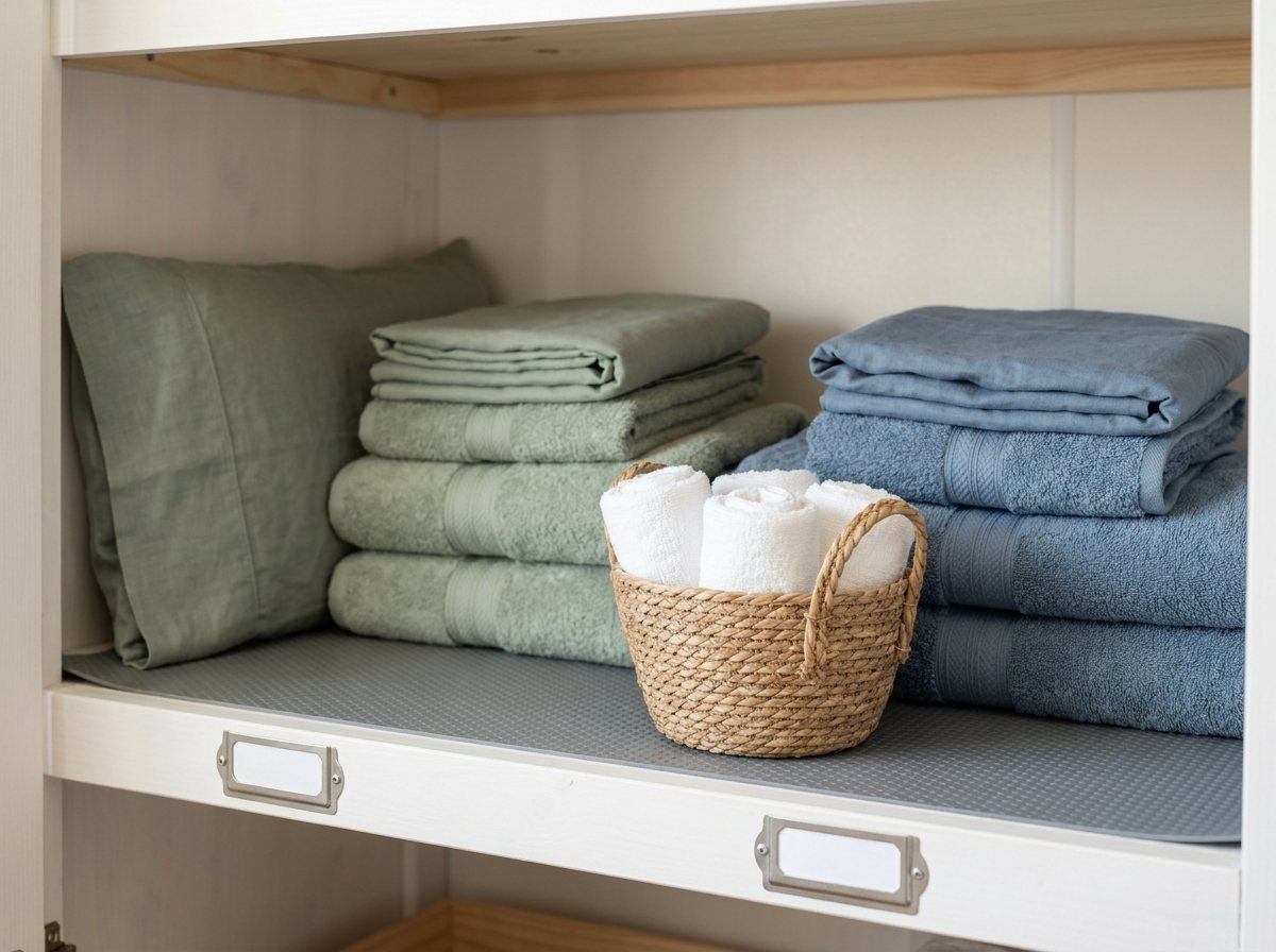 Closet shelf with color-coded sage and blue kids' sheet bundles, towels and a washcloth basket