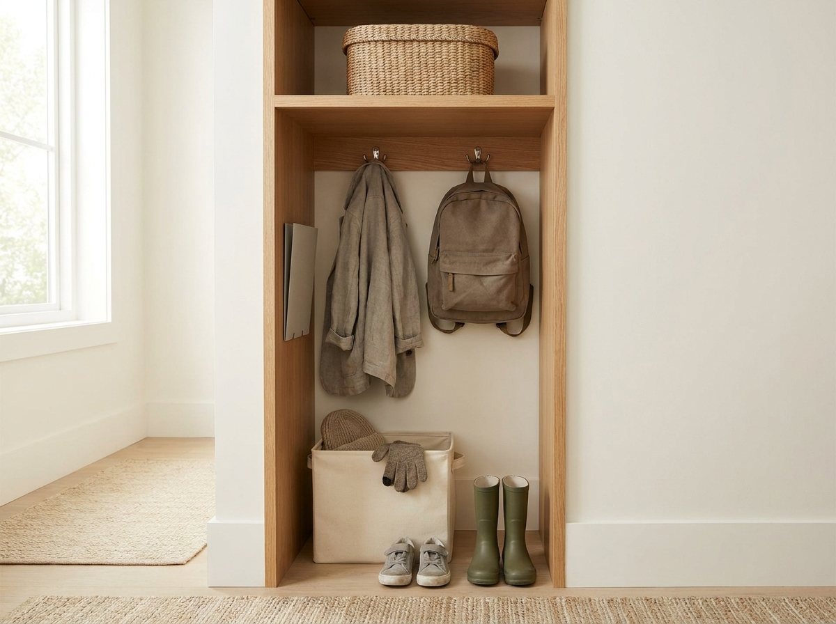 A single oak cubby stall organized into five zones with coat, bag, bin, folder and shoes