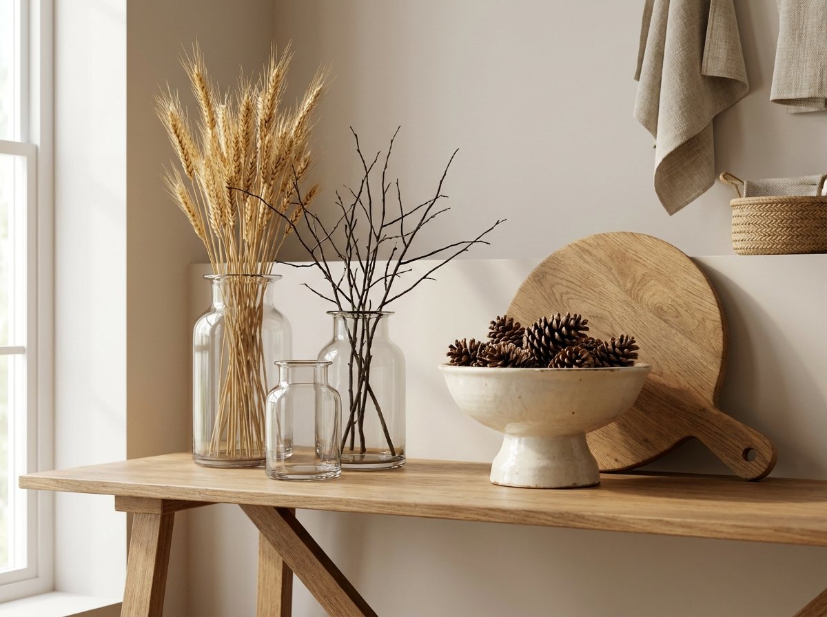 Three glass vases with dried wheat and branches beside a ceramic bowl of pinecones on a wood board, styled on a high shelf or mantel