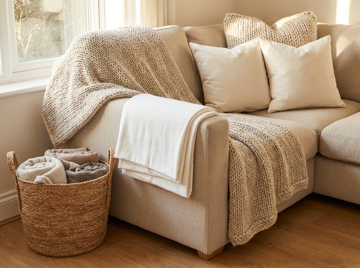 Neutral sofa layered with a folded white throw, chunky knit throw, mixed pillows and a woven basket