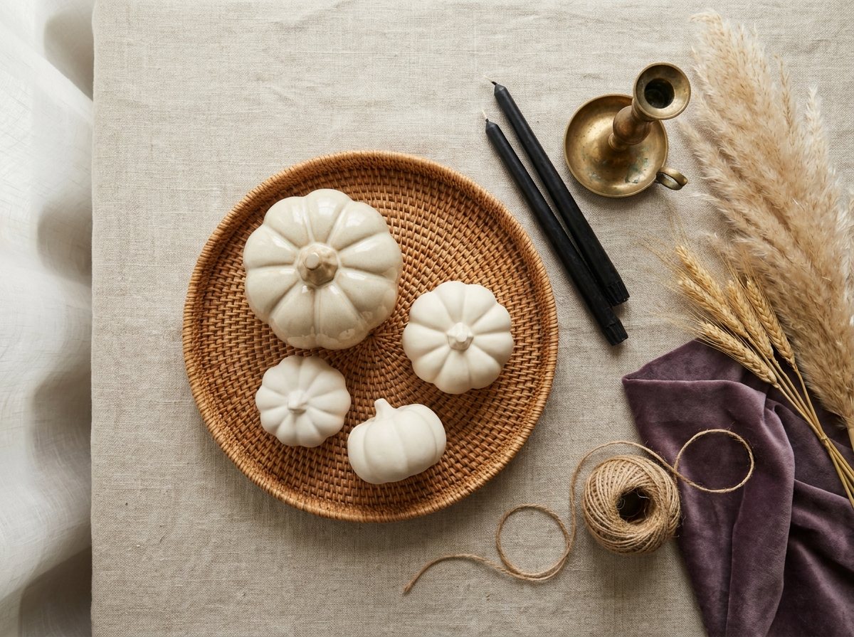 Flat-lay of cream pumpkins, black tapers, pampas, brass and plum velvet on linen