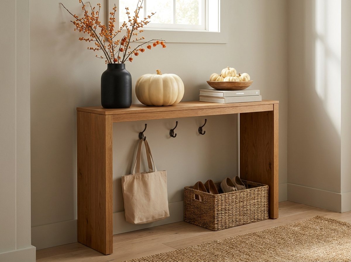 Entry console styled with dried branches, cream pumpkin and low bowl of mini pumpkins