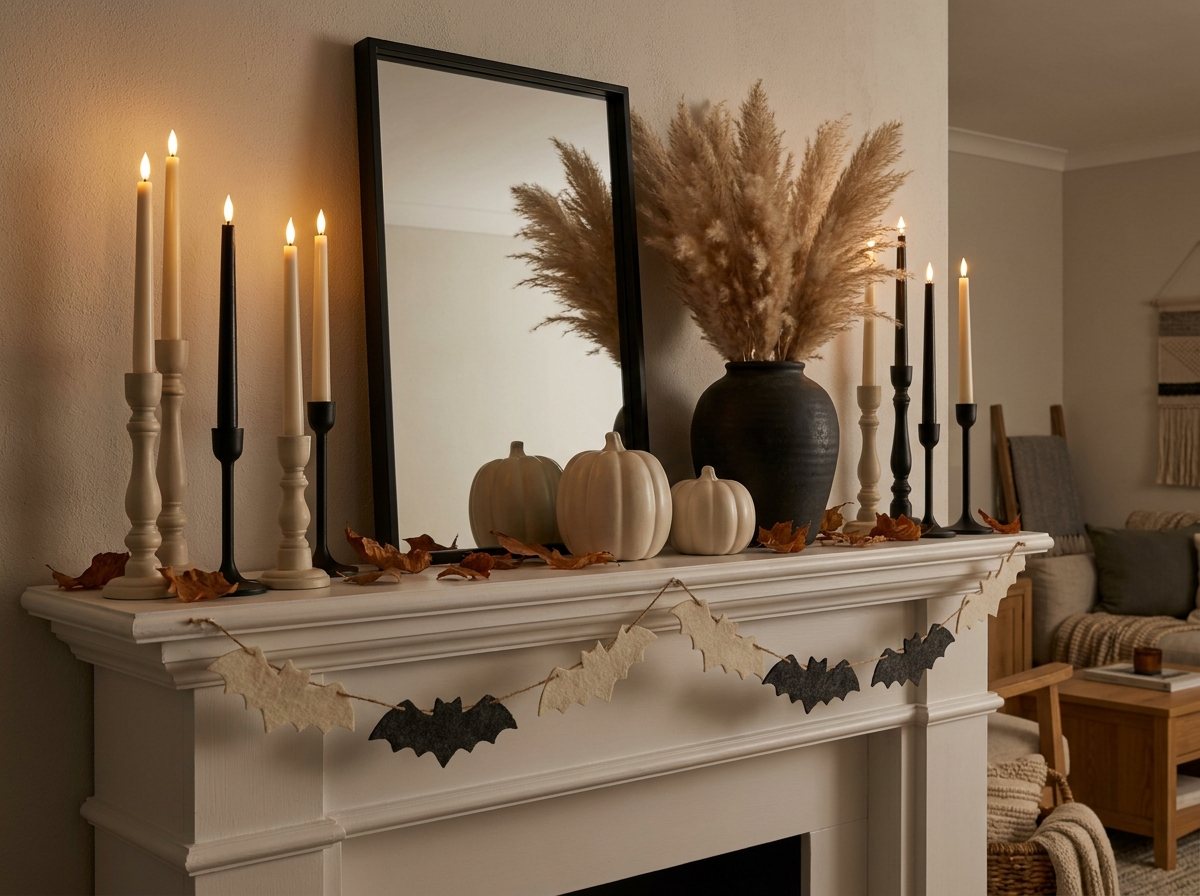 Mantel with layered candlesticks, stoneware pumpkins, pampas and felt bat garland