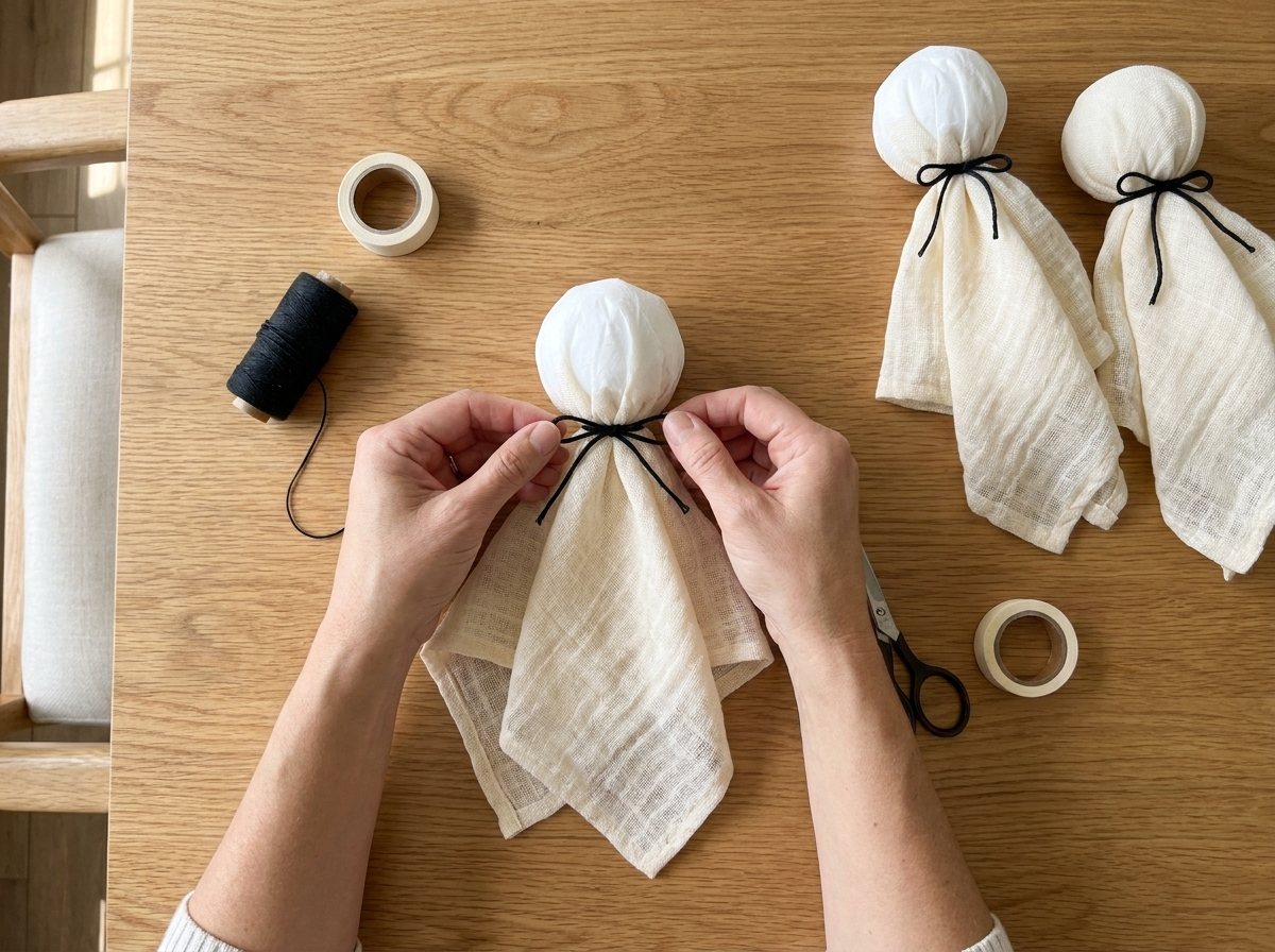 Step 3: An adult ties black thread around each neck