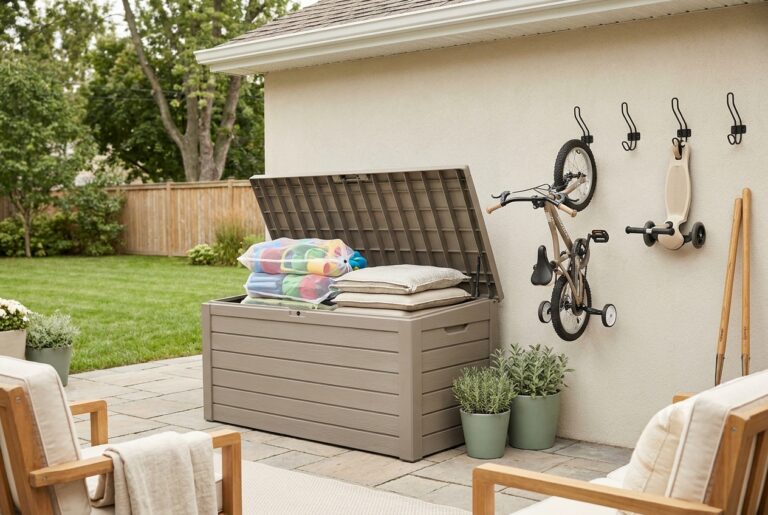 Patio deck box holding outdoor toys beside wall hooks for a kids bike and scooter