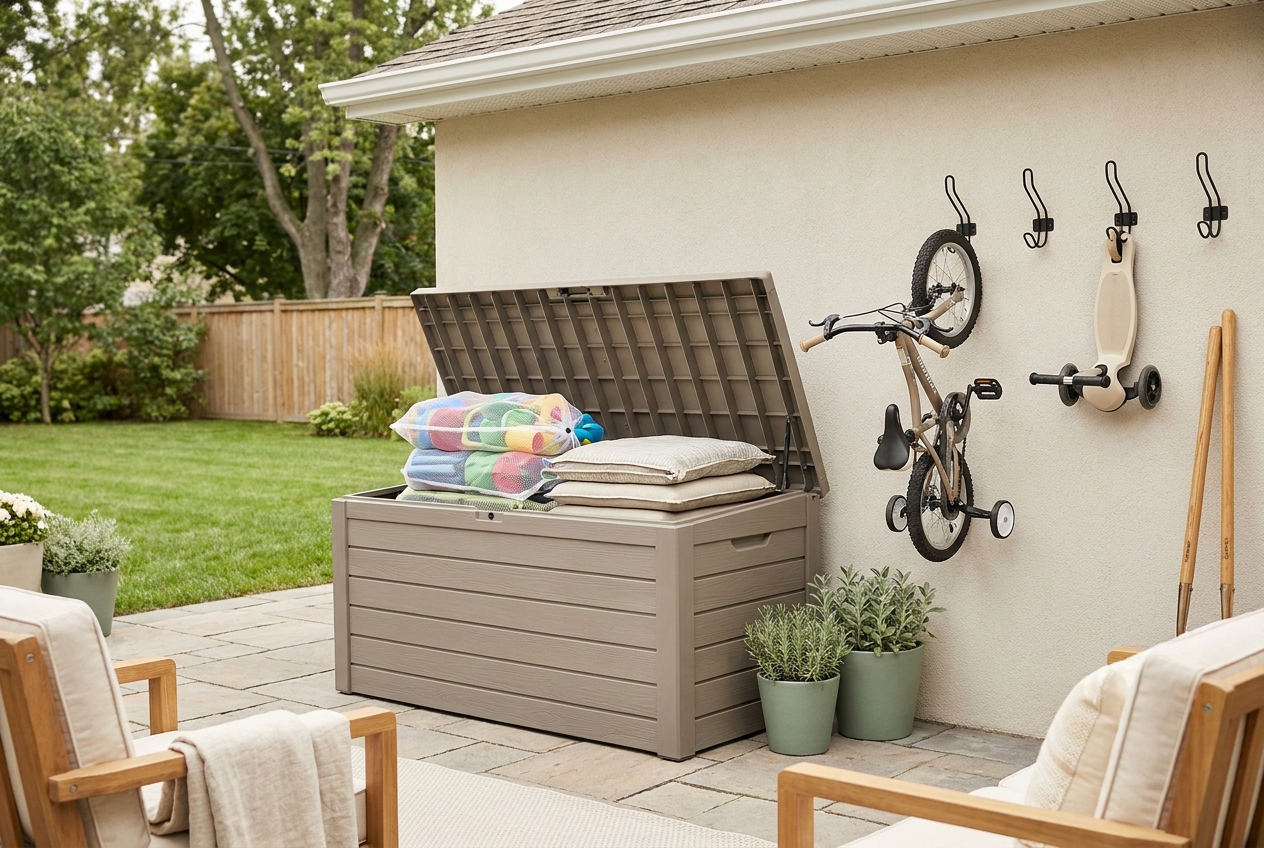 Patio deck box holding outdoor toys beside wall hooks for a kids bike and scooter