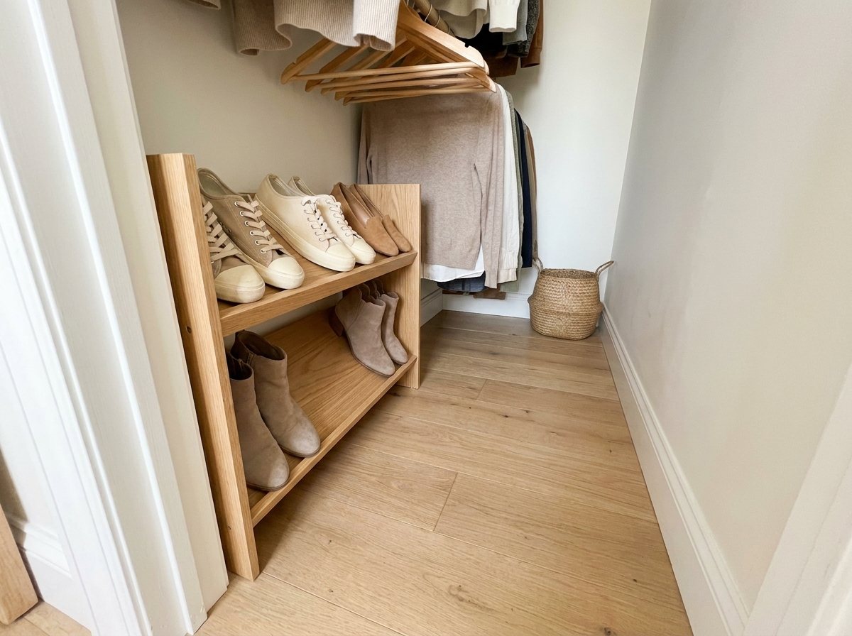 Slim angled shoe rack with five pairs of shoes and clear floor space in a narrow closet