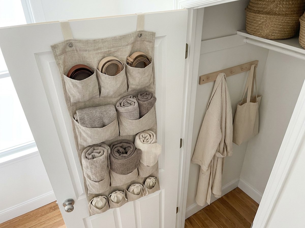 Linen over-the-door organizer holding belts, scarves and jewelry pouches, beside a slim hook rail with a robe and a tote