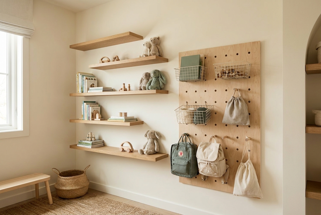 Kids room wall with floating shelves and a wooden pegboard holding baskets and backpacks