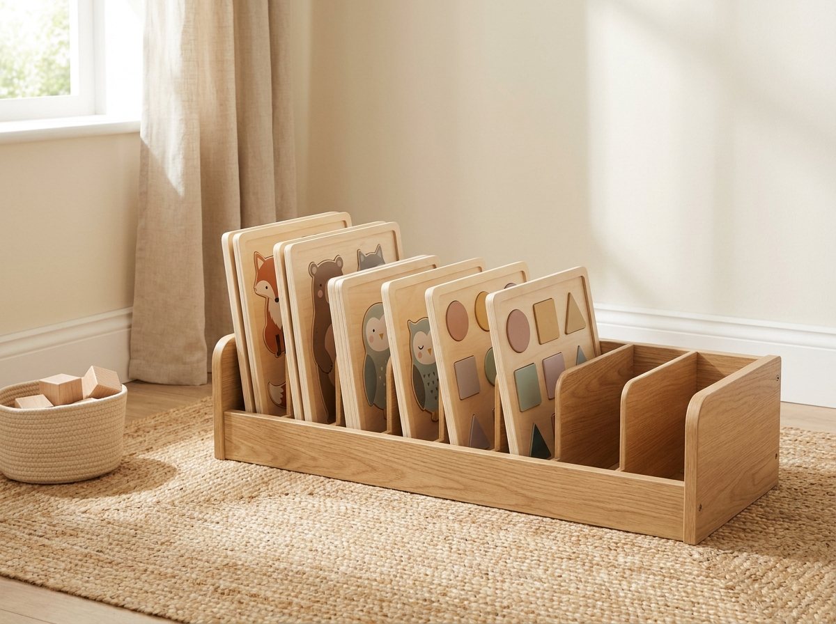 Six wooden tray puzzles standing upright on their long edges in a natural wood rack with two empty slots