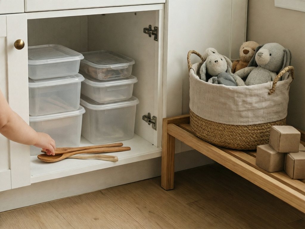 Open kitchen cabinet with plastic containers and wooden spoons beside a low shelf of soft toys