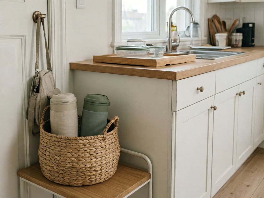 Woven bin with lunchboxes by the door and a tray of empty containers near the kitchen sink